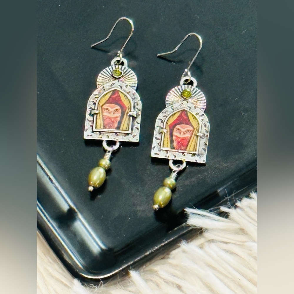 Olive Green Owl Drop Vintage Style Hook Earrings